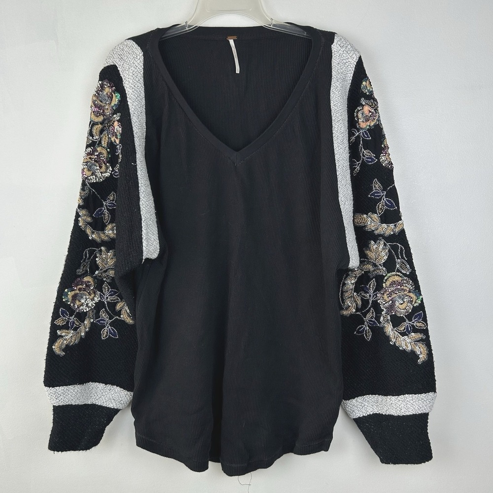 Free People Better Together Tunic Sweater Women XS Floral Oversized Sequin Bling